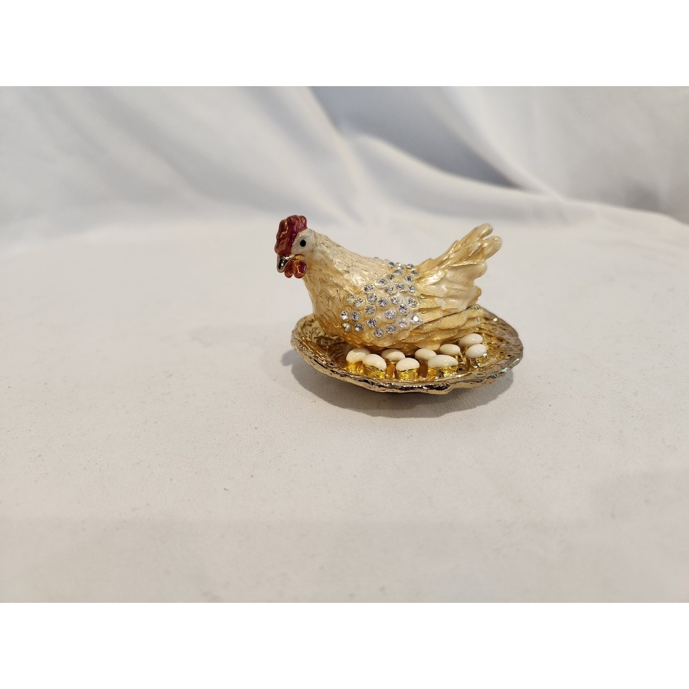 Vintage Enameled Hen Chicken Trinket Box Crystal Accented Gold Tone Jewelry Dish